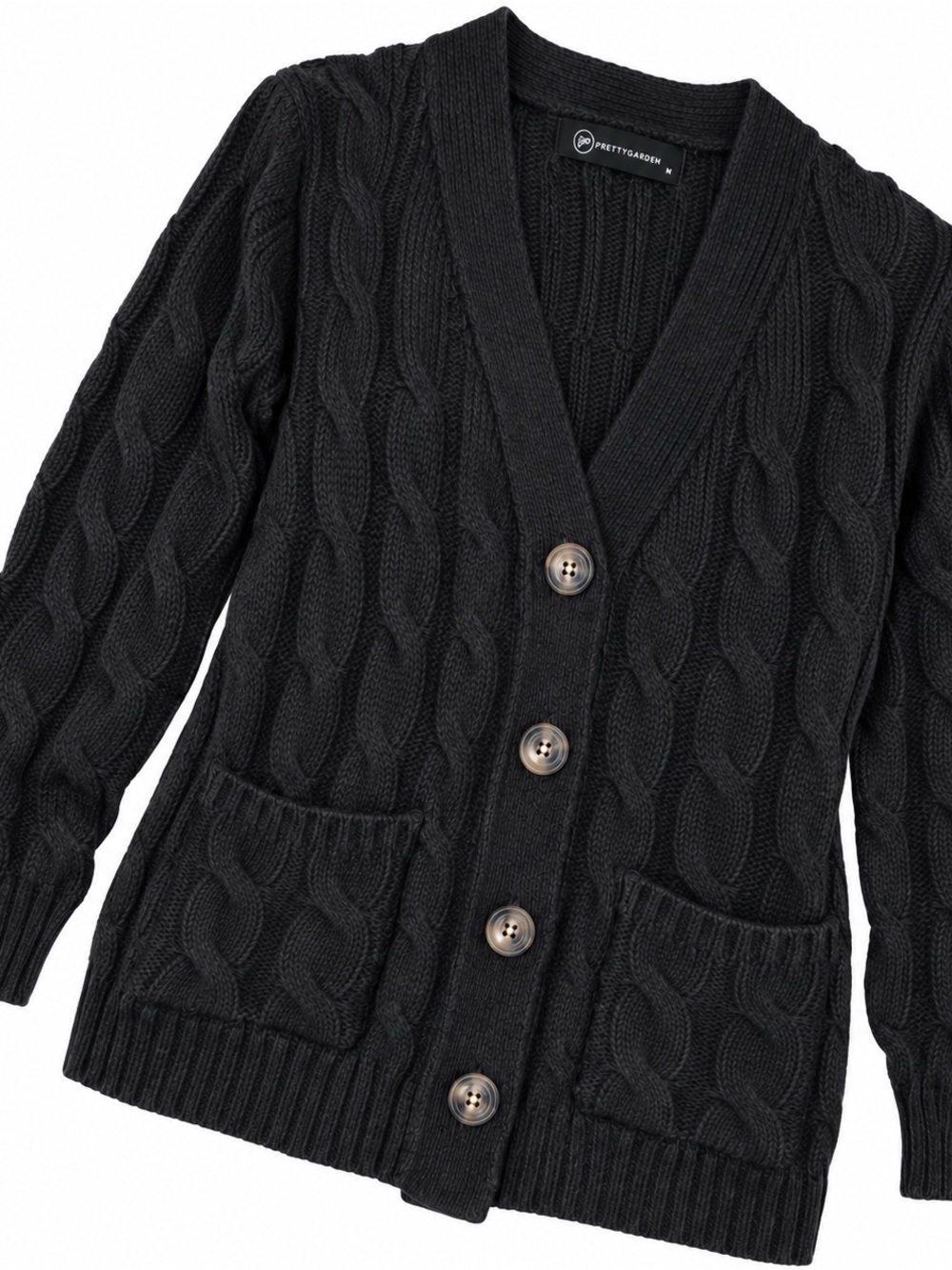 PRETTY GARDEN Black Cable-Knit Button-Front Cardigan
